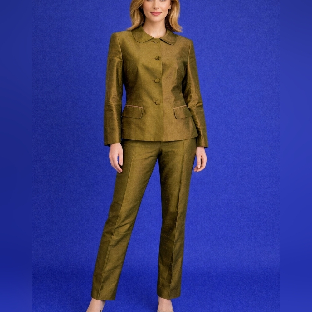 VTG 1960s PAULE VASSEUR Silk Taffeta Metallic Olive Green Mod Pant Suit
